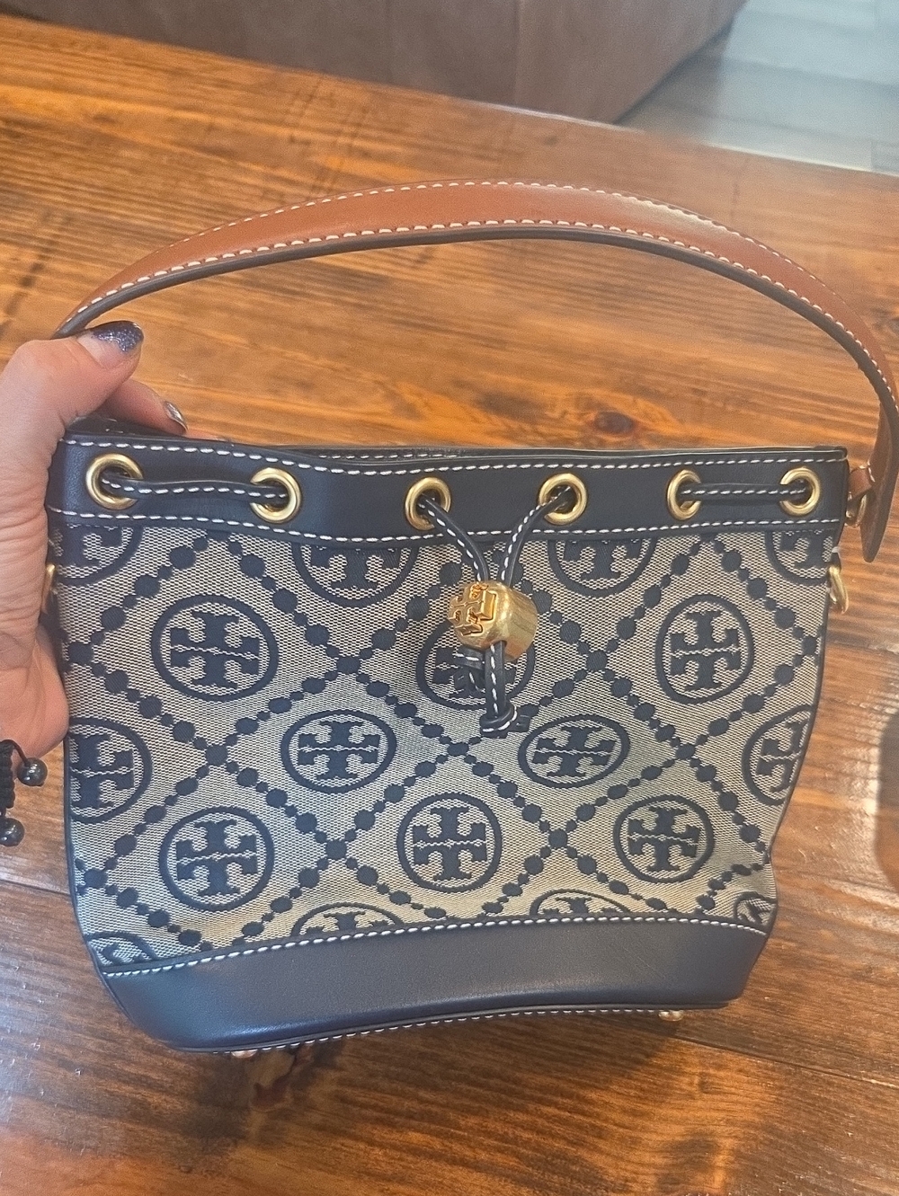 Tory Burch Navy and Tan Logo Jacquard Drawstring Shoulder Bag